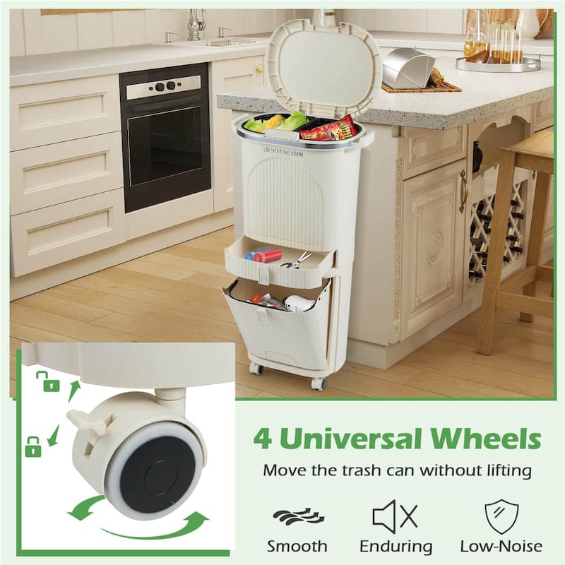 Costway 11 Gallon Kitchen Trash Can with Lid, 2 Removable Buckets, - Beige