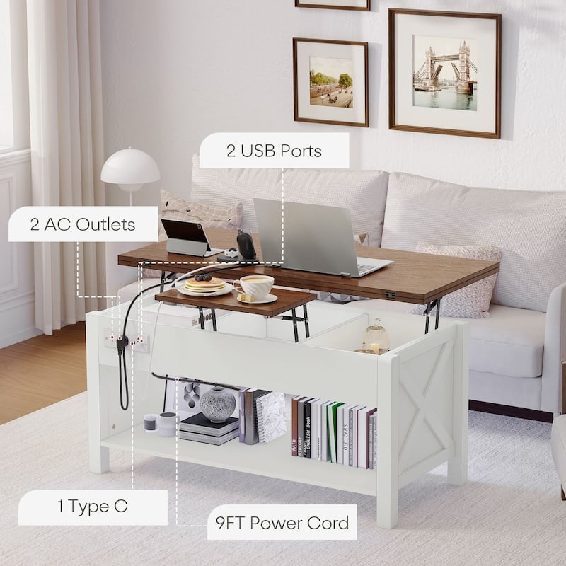 Gymojoy 42" 4-in-1 Lift Top Coffee Table with Charging & LED Lights, Farmhouse Storage Table for Living Room, Office, Dorm