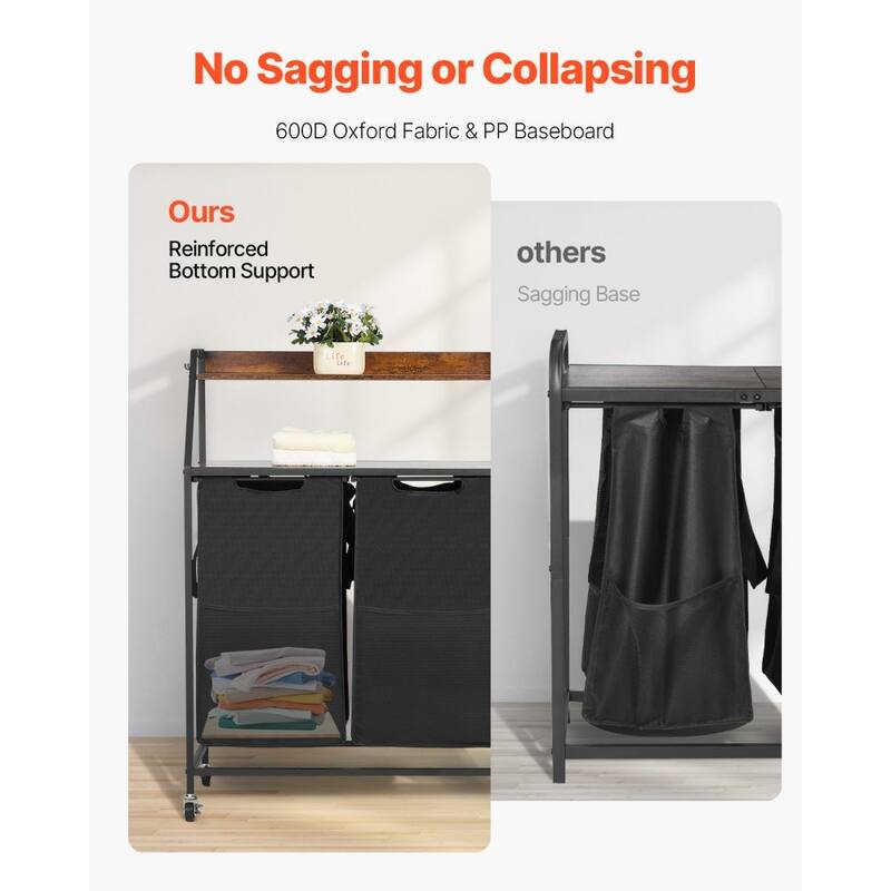 Black Laundry Hamper Sorter on Wheels and 2 Fabric Bags and Wooden Shelves for Home Storage - 27.56 x 12.99 x 41.14 in