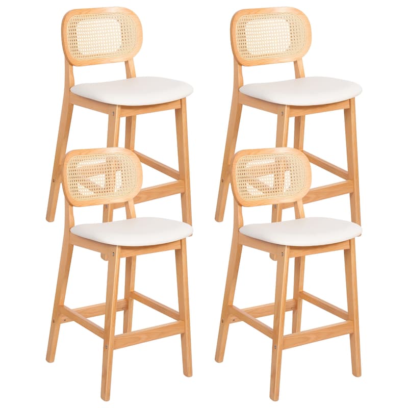 Wood Upholstered Counter Height Bar Stools with Rattan Back - 36.81"H x 17.72"W x 18.7"D - Set of 4 - Cream Faux Leather/ Natural Frame