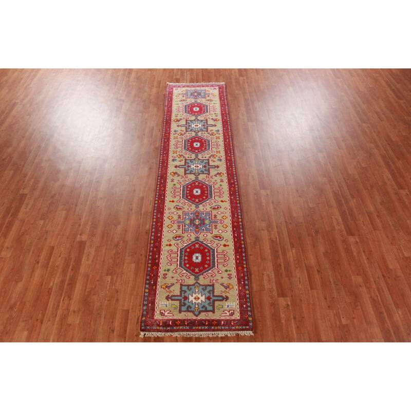 Hand Knotted Oriental 100% Wool Carpet Transitional Geometric Green Khotan Runner Rug - 9' 11'' X 2' 6''