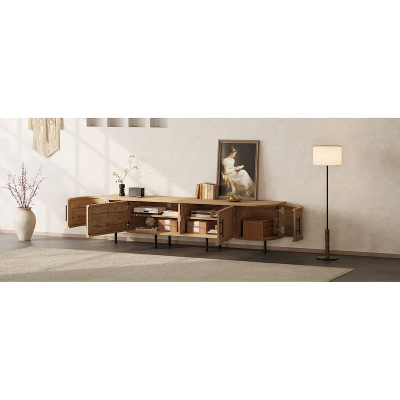 70" Modern TV Stand with Rattan Doors for TVs up to 80", Media Console with Storage Space & Cable Holes, Entertainment Center
