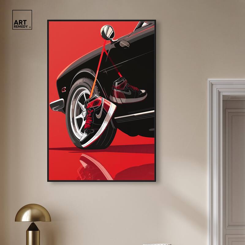 Red Bold Sneaker and Car Canvas by Art Remedy