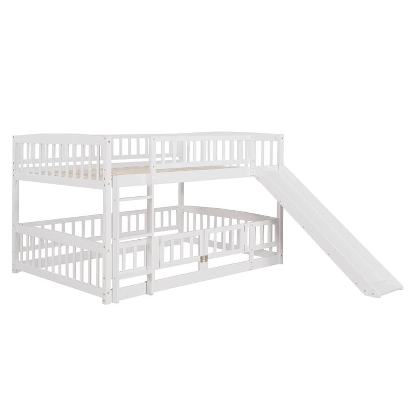 Full Over Full Bunk Bed with Slide, Ladder and Safety Fence for Kids and Teens - White