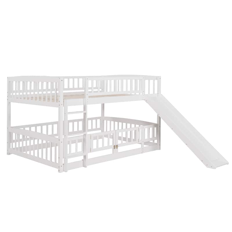 White Pine Wood Bunk Bed with Convertible Slide, Ladder, and Fence Door