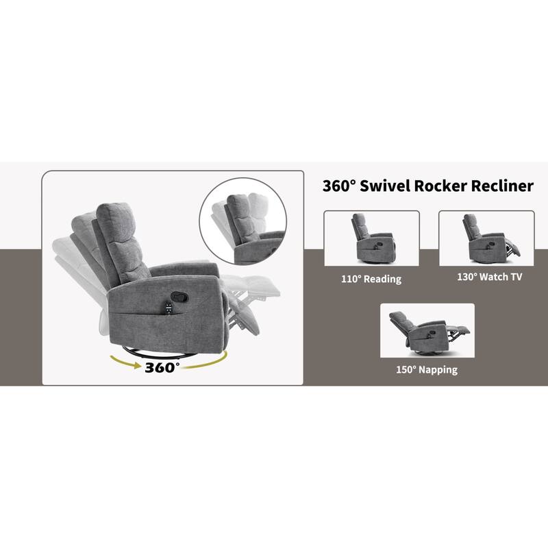 Roomfitters Manual Rocker Swivel Recliner Chair with Heat and Massage Fabric Glider Lounge Sofa for Living Room