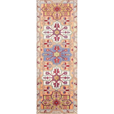 Hand Knotted Oriental 100% Wool Carpet Traditional Geometric Oranges & Rust Kazak Runner Rug - 8' 0'' X 2' 6''