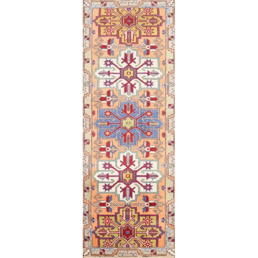Hand Knotted Oriental 100% Wool Carpet Traditional Geometric Oranges & Rust Kazak Runner Rug - 8' 0'' X 2' 6''
