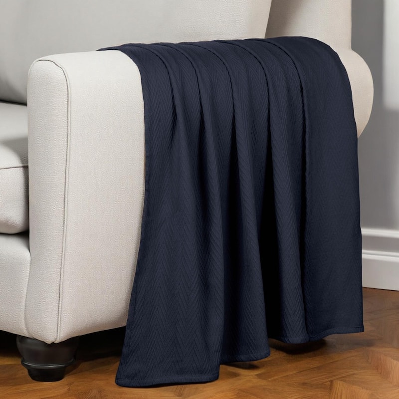 HomeRoots 50" X 60" Navy Blue Cotton Woven Chevron Throw Blanket - Throw - Navy Blue