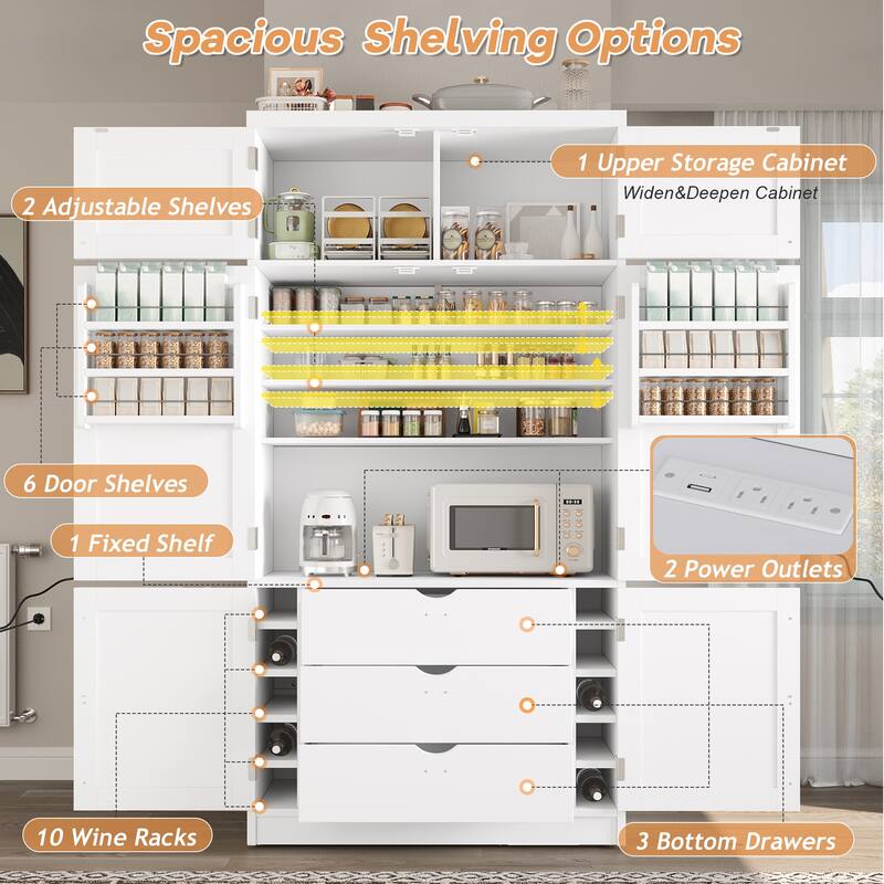 Roomfitters 80 Inch Extra Tall Kitchen Pantry Cabinet with Power Outlets and Wine Rack, Shaker Style