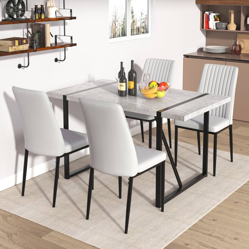 5 Piece Dining Table Chairs Set, Kitchen Dining Room Furniture Set with Rectangular Table and 4 Leather Chairs