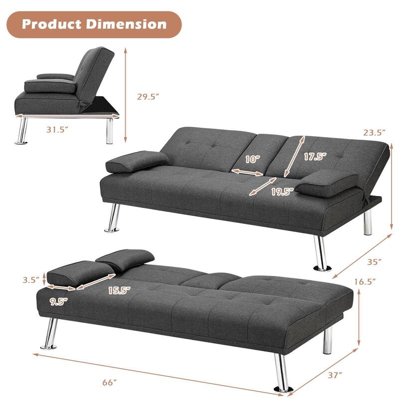 Convertible Folding Futon Sofa Bed Fabric with 2 Cup Holders - 66" x 31.5" x 29.5"
