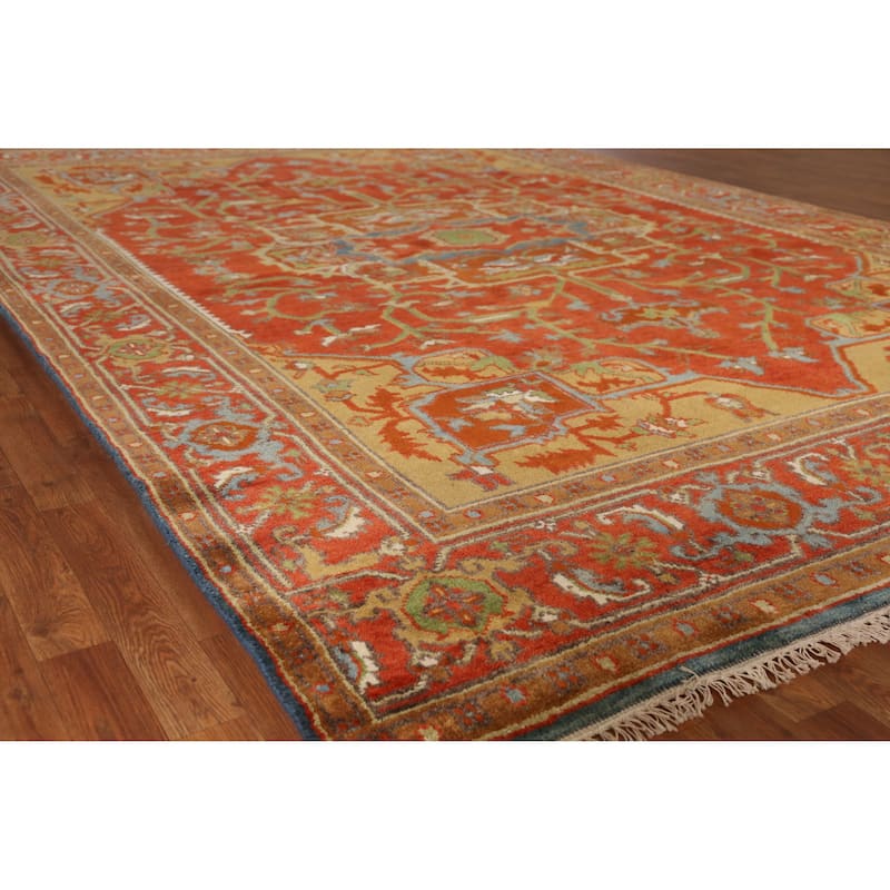 Floral Medallion Heriz Serapi Indian Area Rug Hand-Knotted Wool Carpet - 8'5" x 11'11" - 8'5" x 11'11" - Orange