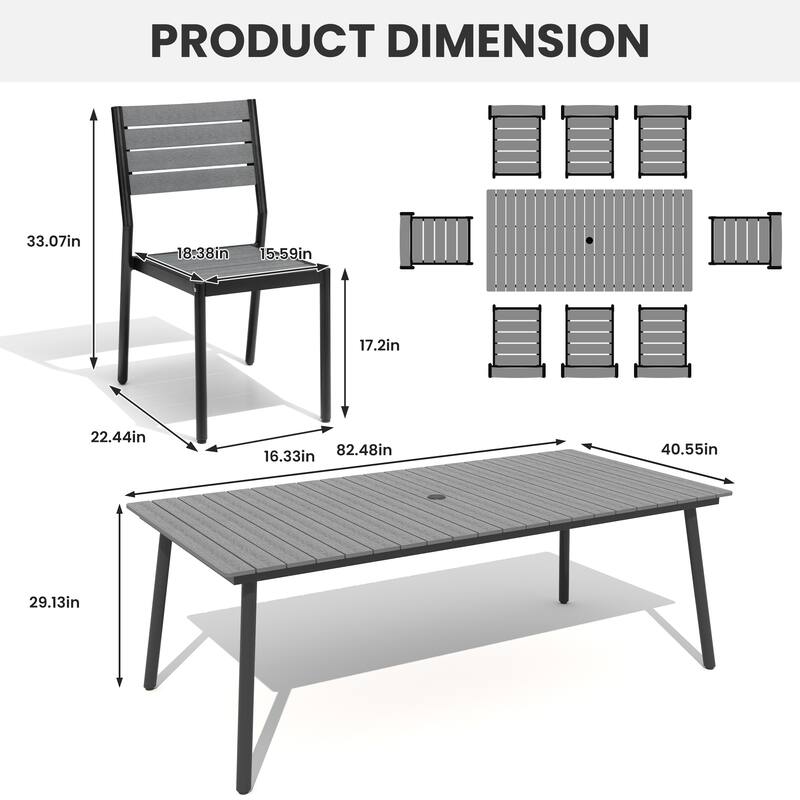 Outdoor Aluminum 9-piece Patio Dining Set Dining Table with Umbrella Hole and Chairs