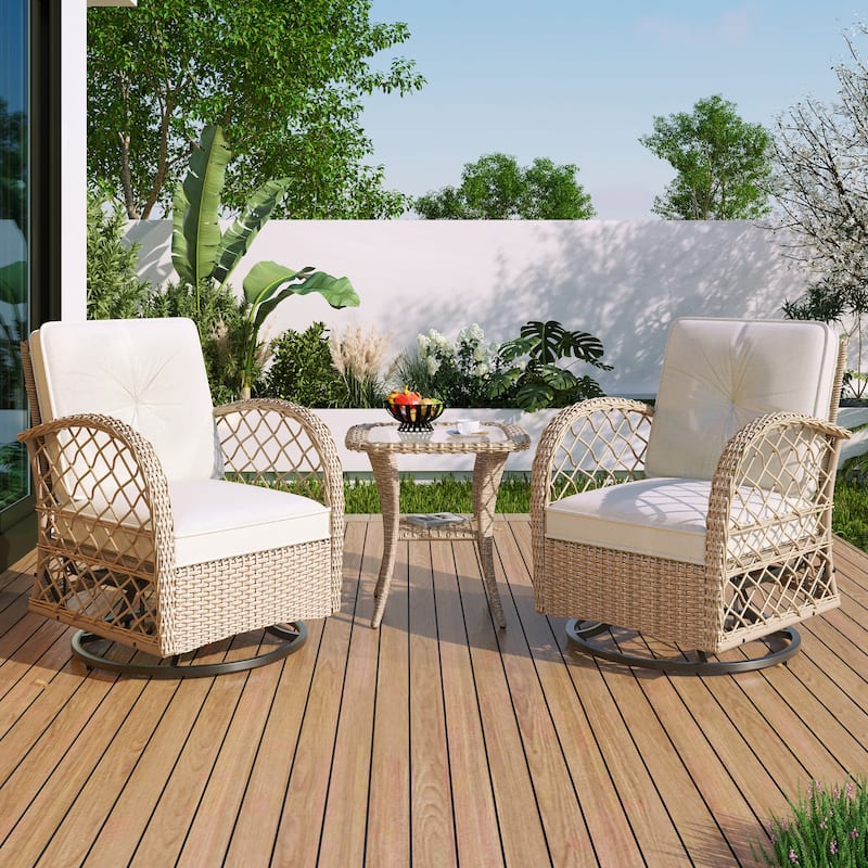 3-Piece Outdoor Rattan Seating Group with 2 Swivel Chairs & 1 Square Table - Natural+Beige