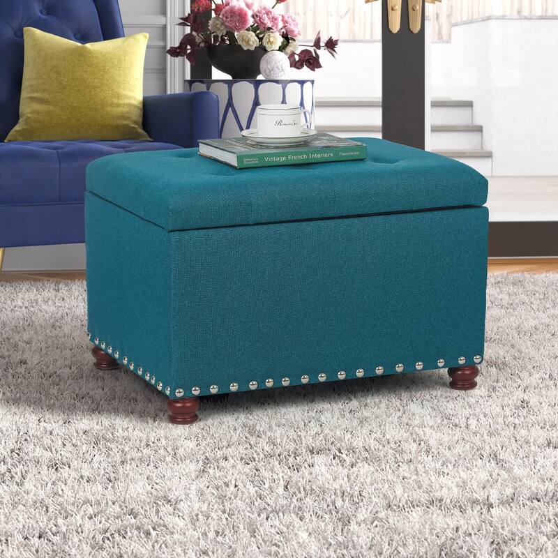Adeco Storage Ottoman Tufted Linen Wood Bench with Nails