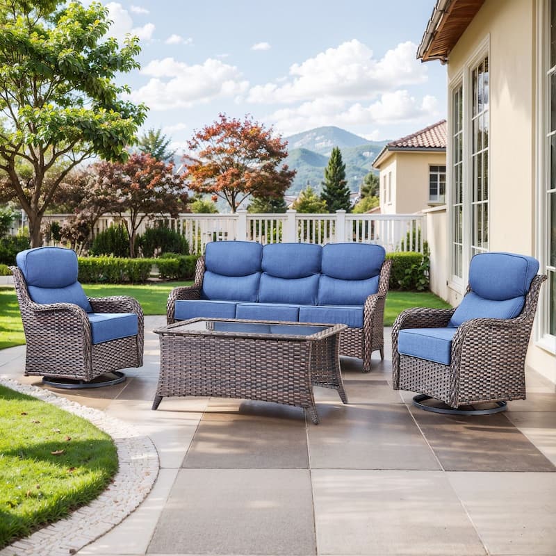 Pocassy Outdoor Patio Furniture Sofa Swivel Chairs Sets - Brown Wicker Blue Cushion - Sofa Swivel Chair with Table Set of 4