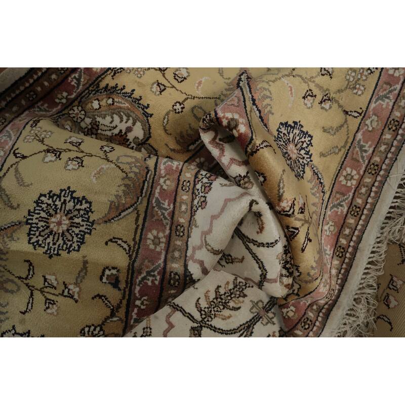 Hand Knotted Oriental Silk Carpet Traditional Floral Beige & Ivories Kashmir Area Rug - 8' 11'' X 6' 1''