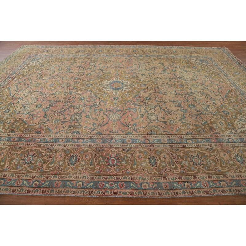 Hand Knotted Oriental 100% Wool Carpet Traditional Floral Pink Kashan Area Rug - 13' 1'' X 9' 8''