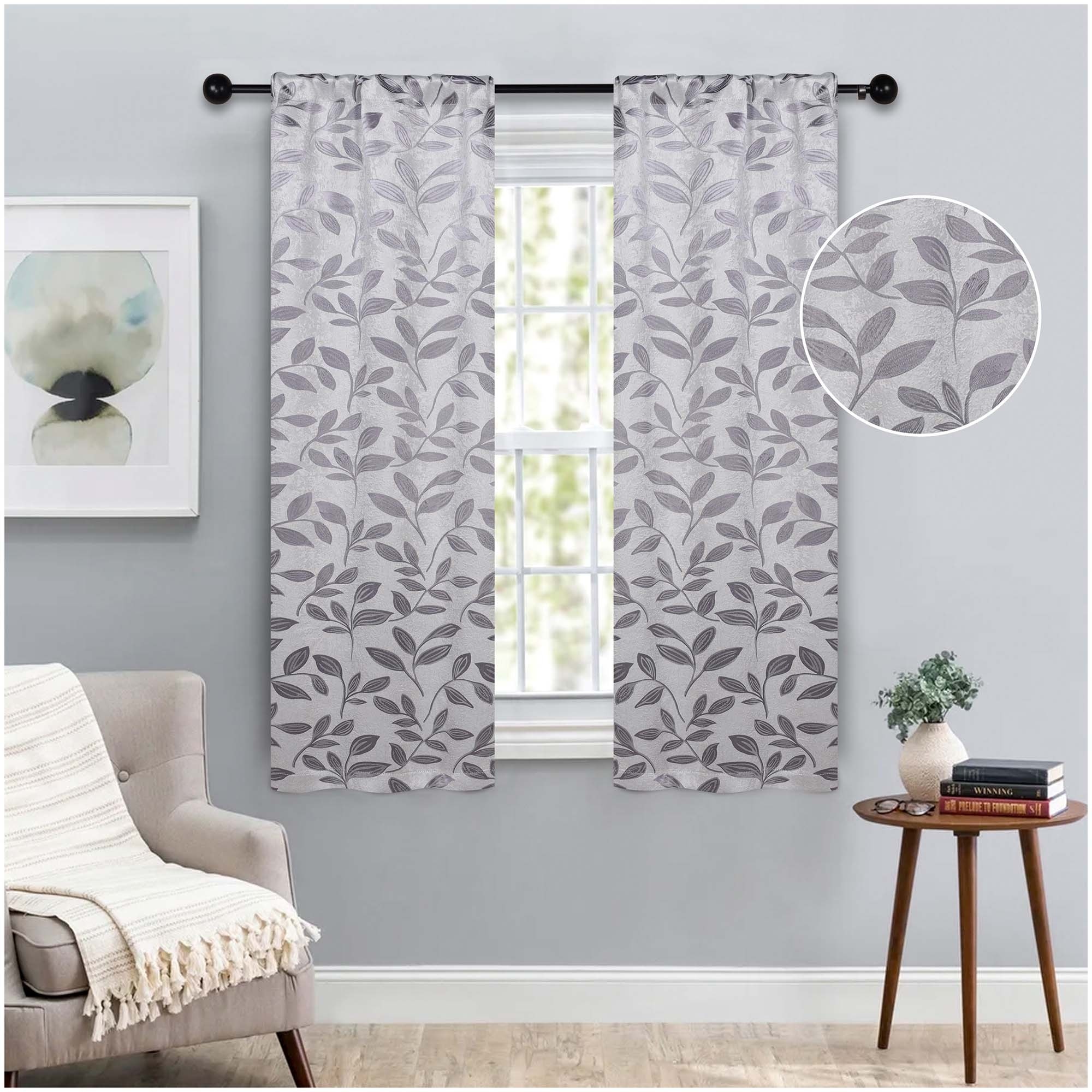 Superior Leaves Machine Washable Room Darkening Rod Pocket Blackout Curtains, Set of 2