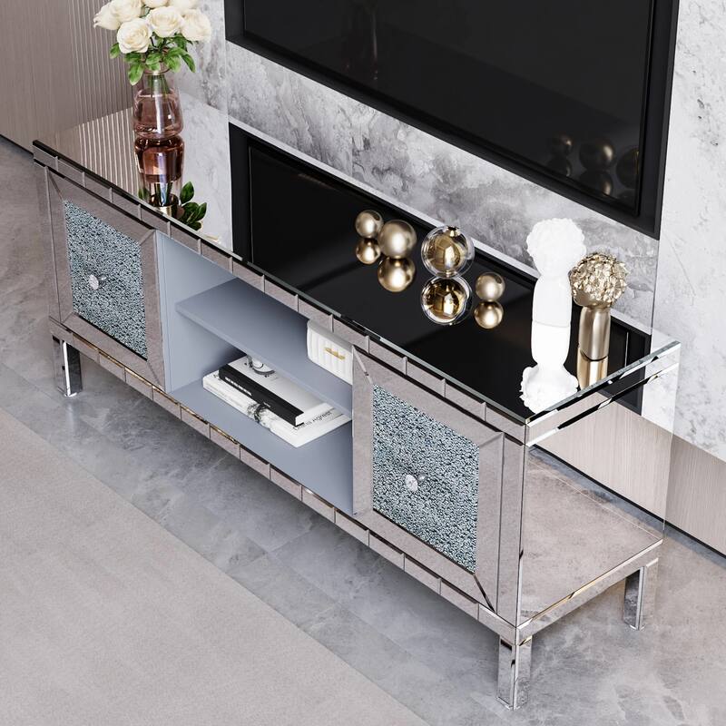 Modern Mirrored Crushed Diamond TV Stand, for 65-Inch TVs with 2 Cabinets and 2 Open Storage Spaces, for Living Rooms