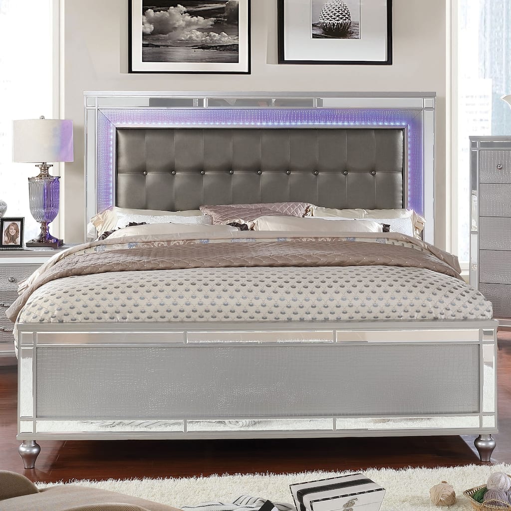 Derc Modern Solid Wood Upholstered Tufted Panel Bed with LED by Furniture of America