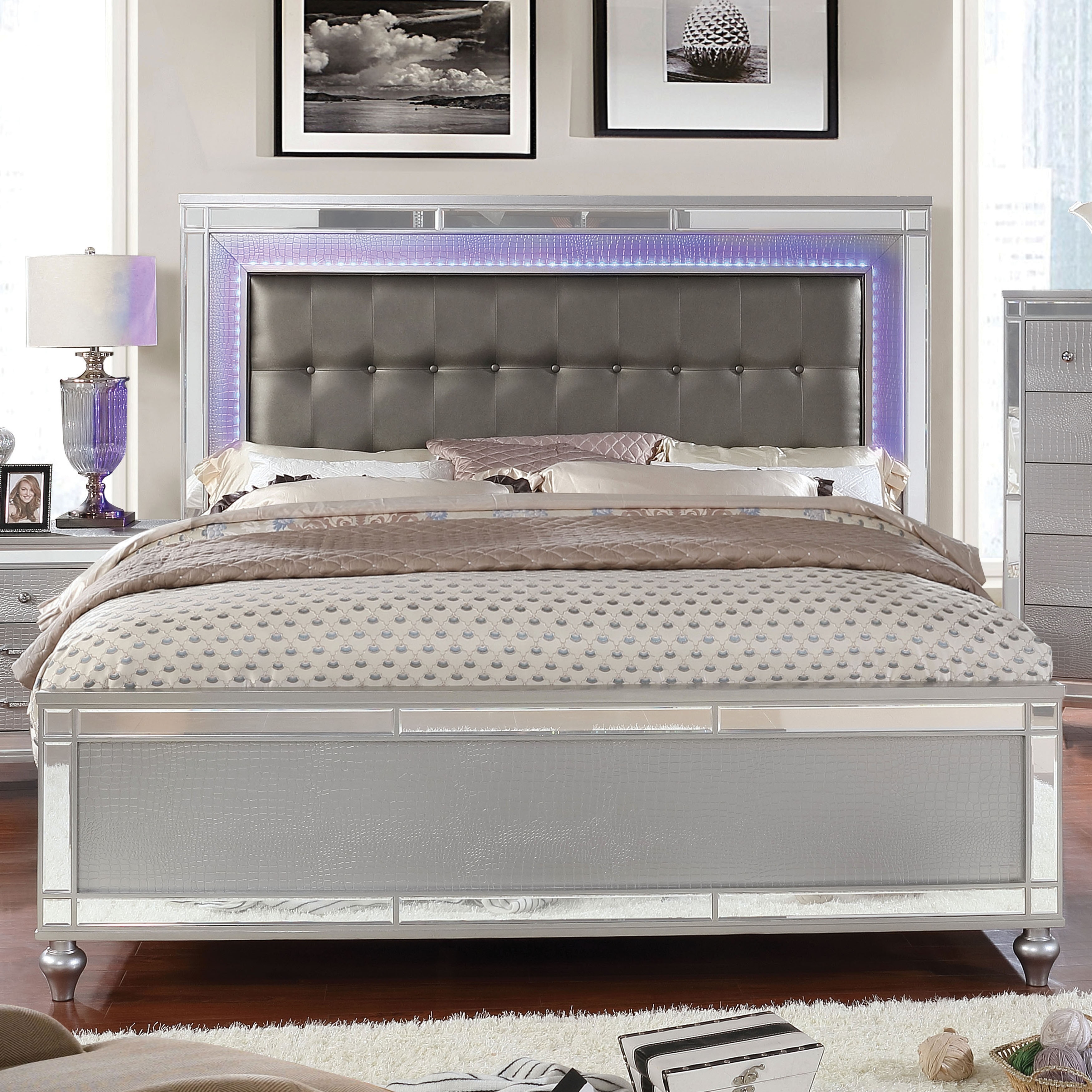 Furniture of America Derc Modern Solid Wood Upholstered Tufted Panel Bed with LED