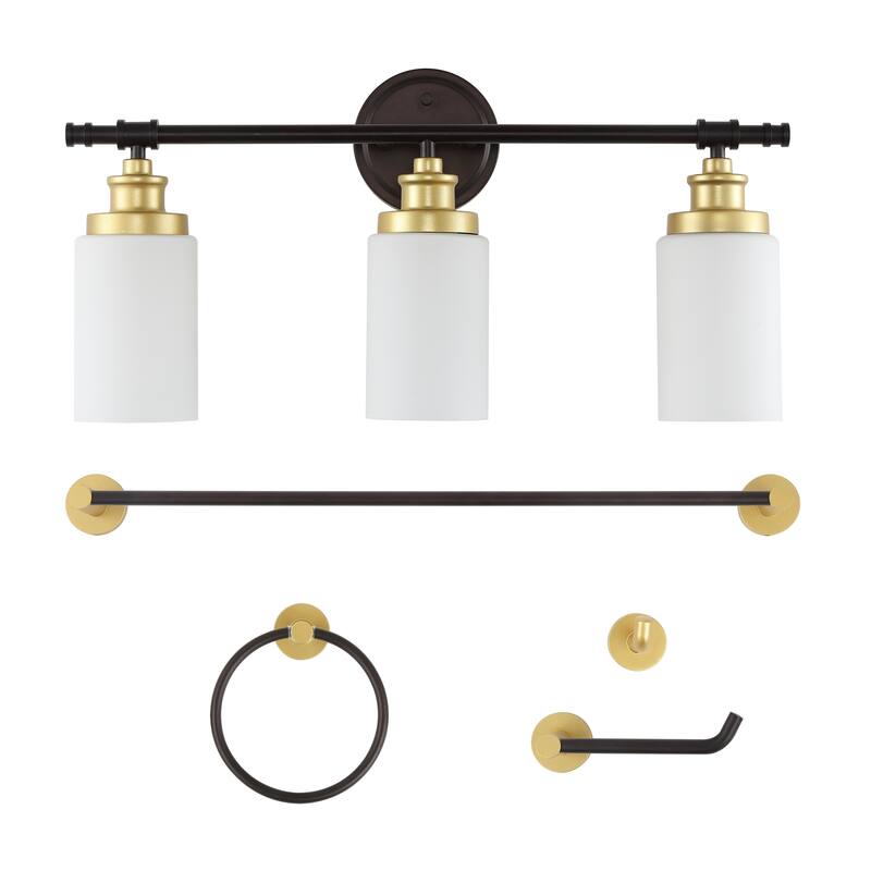 Hugo 23.25" 3-Light Classic Vanity Light with Frosted Glass Shades and Bathroom Hardware Accessory Set, (5-Piece) by JONATHAN Y