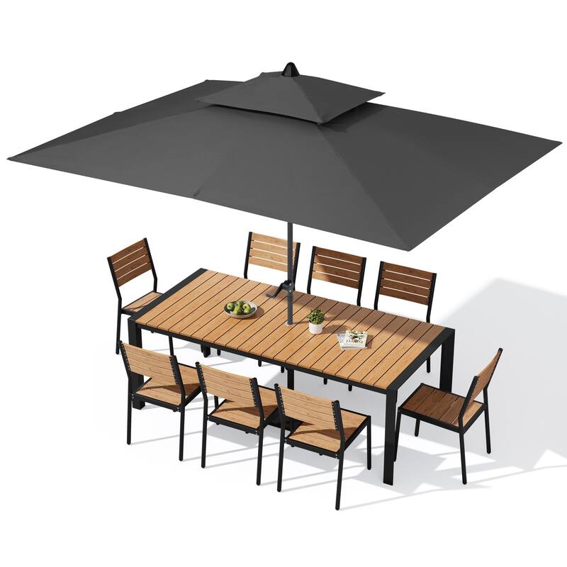 9/11-Piece Outdoor Dining Set w/10 ft Umbrella and Base Aluminum Dining Table and Stackable Chairs