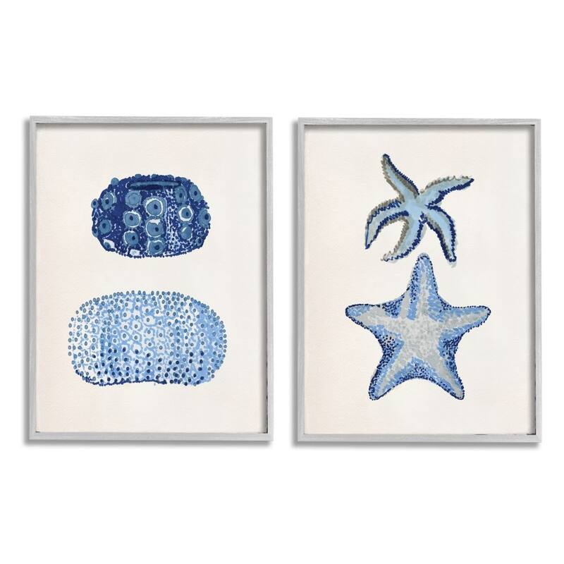 Stupell Minimal Nautical Sea Creatures Blue White Painting, 2pc Multi Piece Framed Wall Art Set - 11 x 14 - Grey