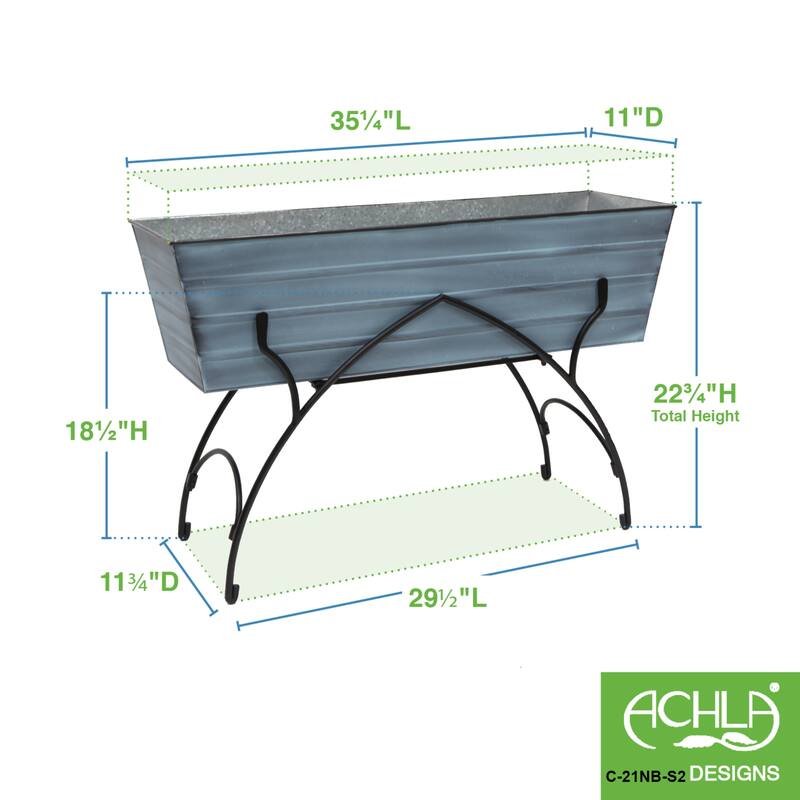 Achla Designs 35.25"L Rectangular Galvanized Steel Indoor Outdoor Large Flower Box w/Black Wrought Iron Bella Stand