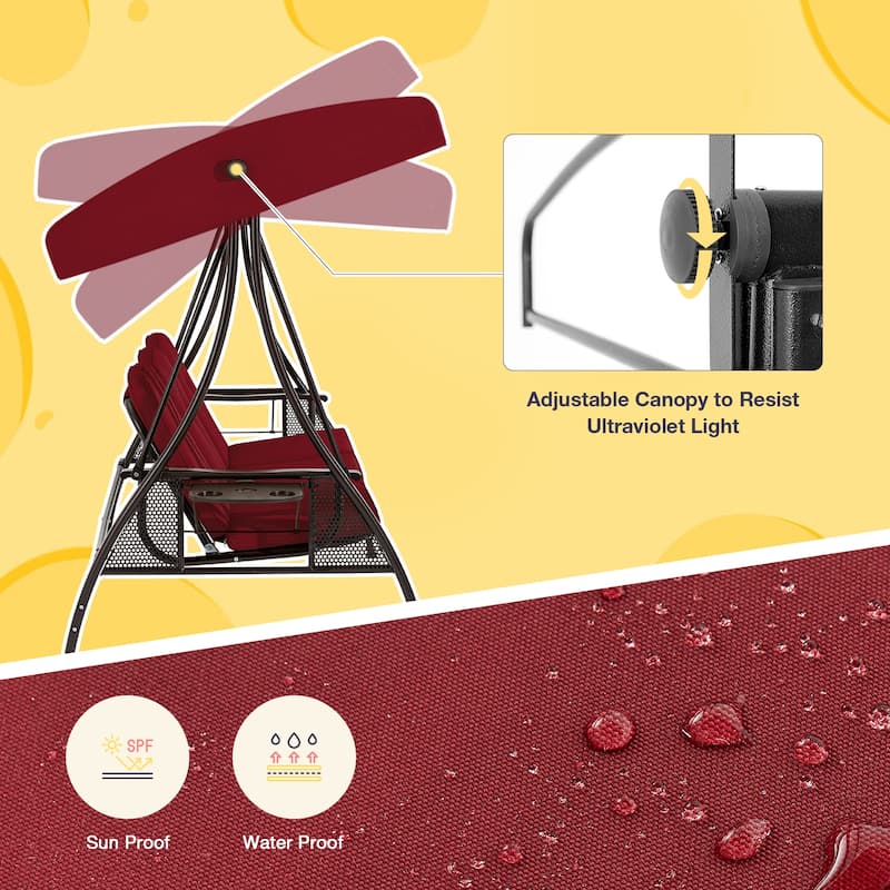 3-Seat Patio Swing with Adjustable Canopy, 750lbs Heavy Duty, Convertible Outdoor Bed, All-Weather, Cup Holders & Thick Cushions