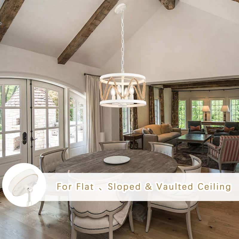 4-Light Drum-shaped Chandelier with Hemp Rope for Kitchen Living Room