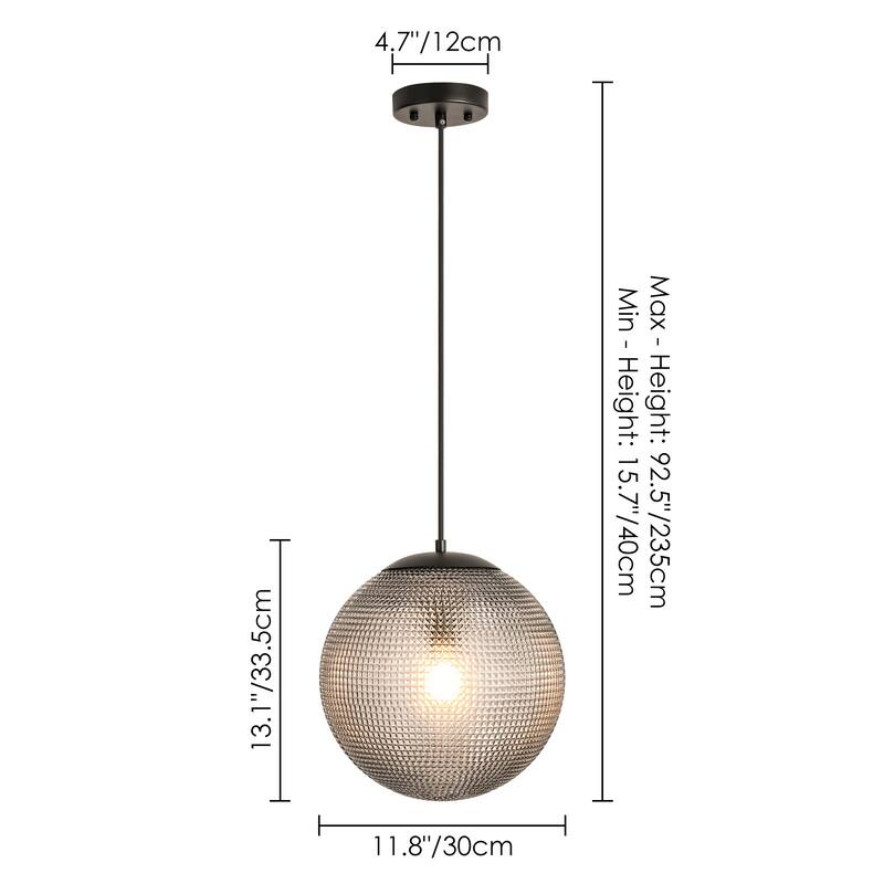 1-Light Modern Indoor Matte Black Finish Kitchen Island Pendant Lights with Globe Diamond Textured Grey/Clear Glass Shade
