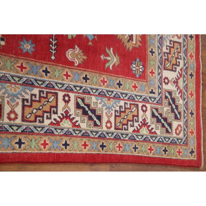Hand Knotted Oriental 100% Wool Carpet Traditional Geometric Red Kazak Area Rug - 9' 6'' X 6' 4''