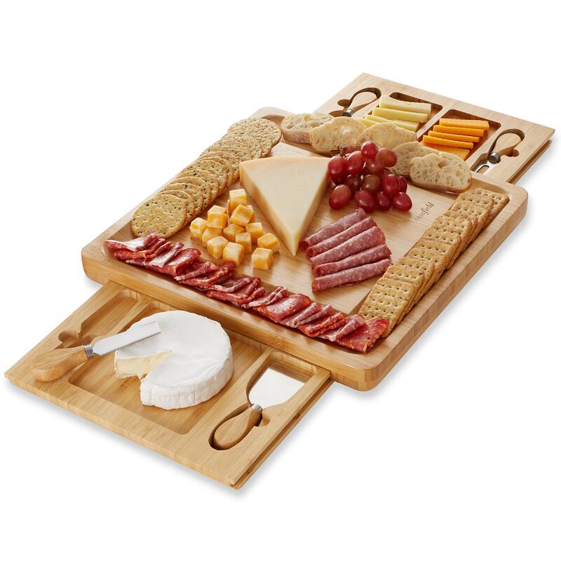 Bamboo Cheese Board Gift Set with 2 Trays and 4 Knives - Small - Small