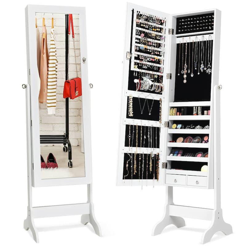 Gymax Jewelry Organizer Vanity Box w/ Full Length Mirror Black/ White - See Details - White