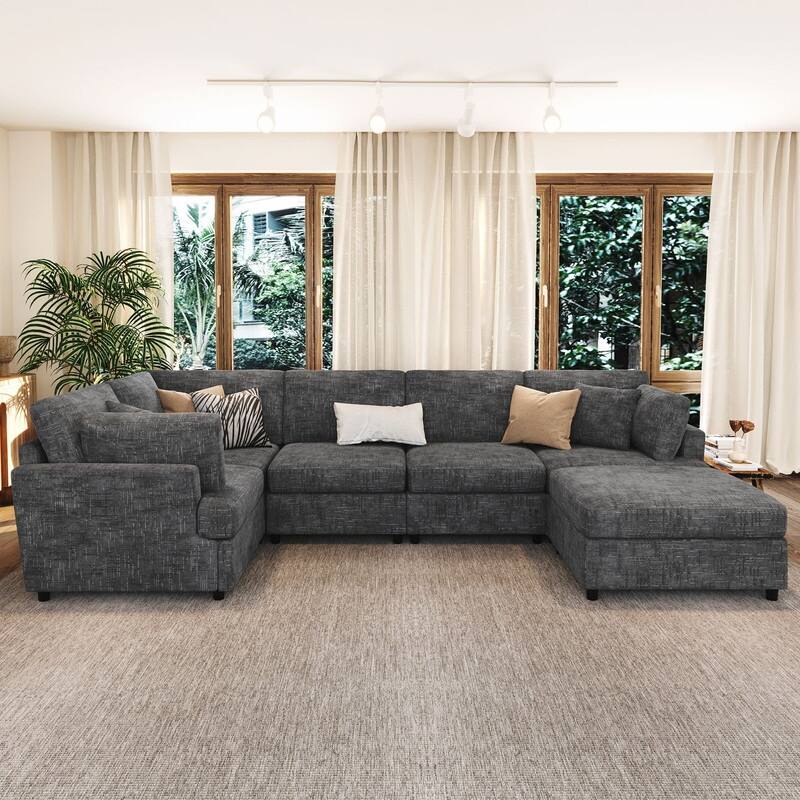 6-Piece U-Shaped Sectional Corner Sofa with Movable Ottoman and Durable Chenille Fabric for Versatile Living Spaces