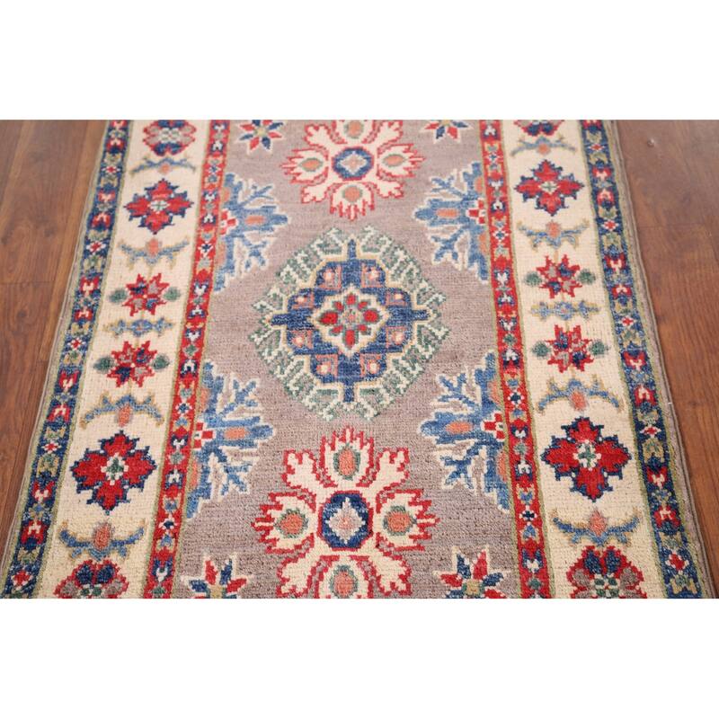 Hand Knotted Oriental 100% Wool Carpet Traditional Geometric Greys & Charcoal Kazak Area Rug - 3' 0'' X 2' 0''