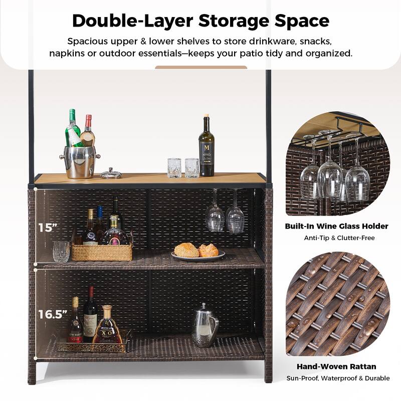 Pocassy Outdoor Patio Tiki Bar Set with 2 Stools Storage for Garden