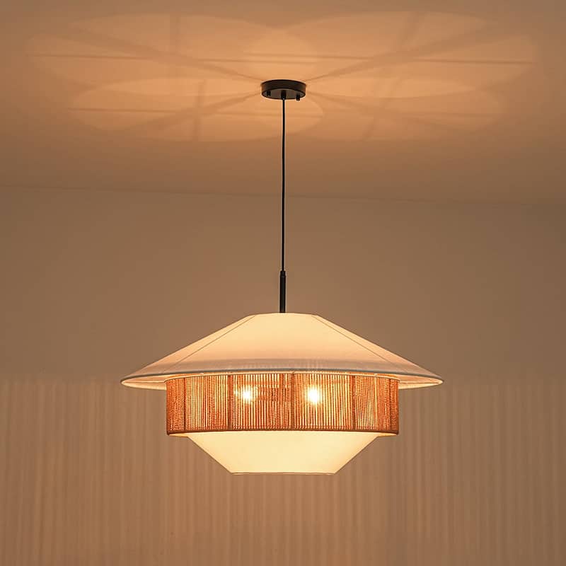 Coastal-style 4-Light Hemp-rope Geometric Linen Fabric Pendant - 33.5 in