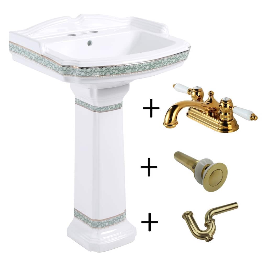 White Pedestal Bathroom Sink with Overflow, 4" Brass Center Set Faucet and Pop-Up Drain