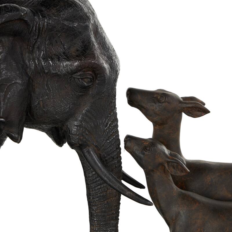 Black Resin Walking Elephant Decorative Sculpture with Dark Brown Deer