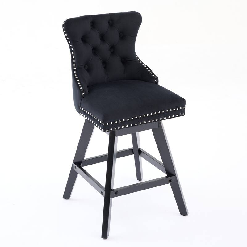 Swivel Velvet Barstools with Button Tufted, Wooden Legs, Chrome Nailhead Trim - Leisure Style Set of 2