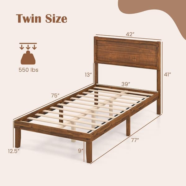 Walnut Acacia Wood Twin Platform Bed Retro Headboard Storage Space
