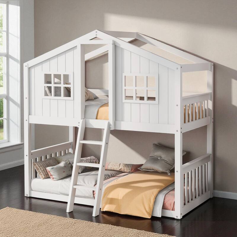 Twin Over Twin House Bunk Bed with Roof and Ladder, Solid Wood Frame, Playhouse Style Kids Bed, No Box Spring Needed - White - Twin