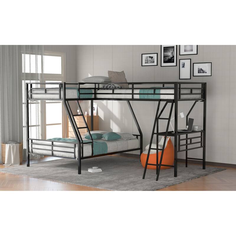 Black Contemporary Twin over Full Bunk Bed with Loft, Desk, Guardrails, Black