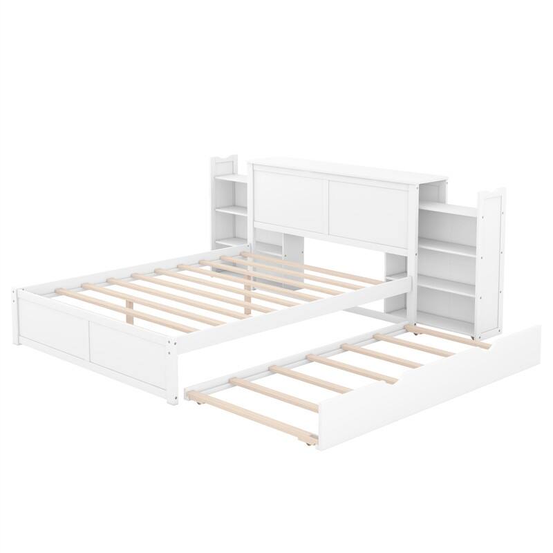 Wooden Storage Platform Bed with Bookcase Headboard, Full/Queen Bed Frame with Twin Size Trundle and Pull Out Shelves