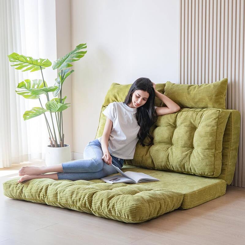 Corduroy Bean Bag Bed Tufted Folding Sofa Bed with Pillows - Green - Large