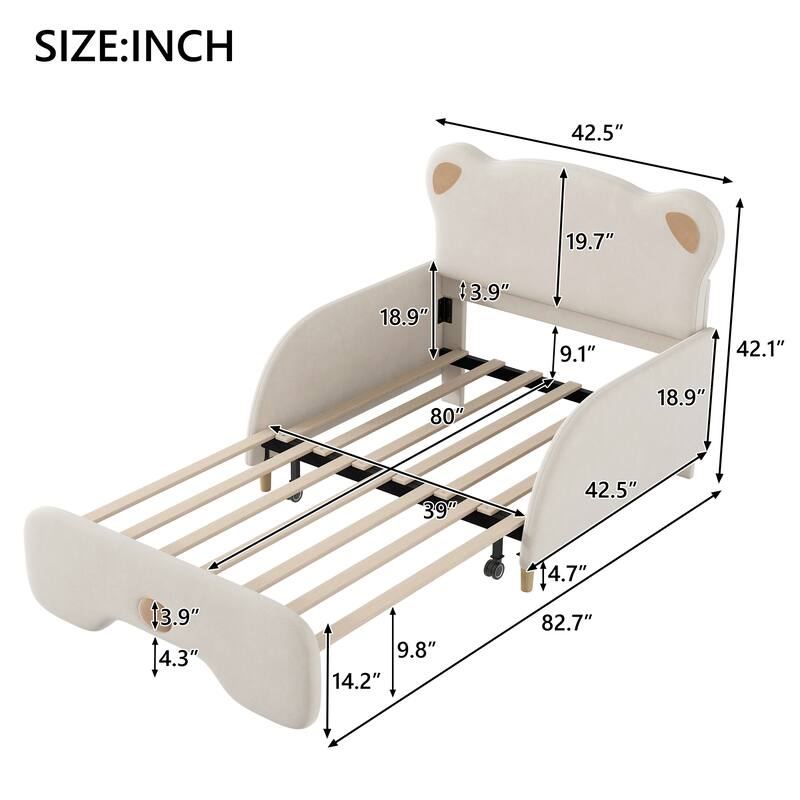 Twin XL Size Upholstered Sofa Platform Bed with Adjustable Design and Cute Bear Headboard, No Box Spring Required for Bedroom